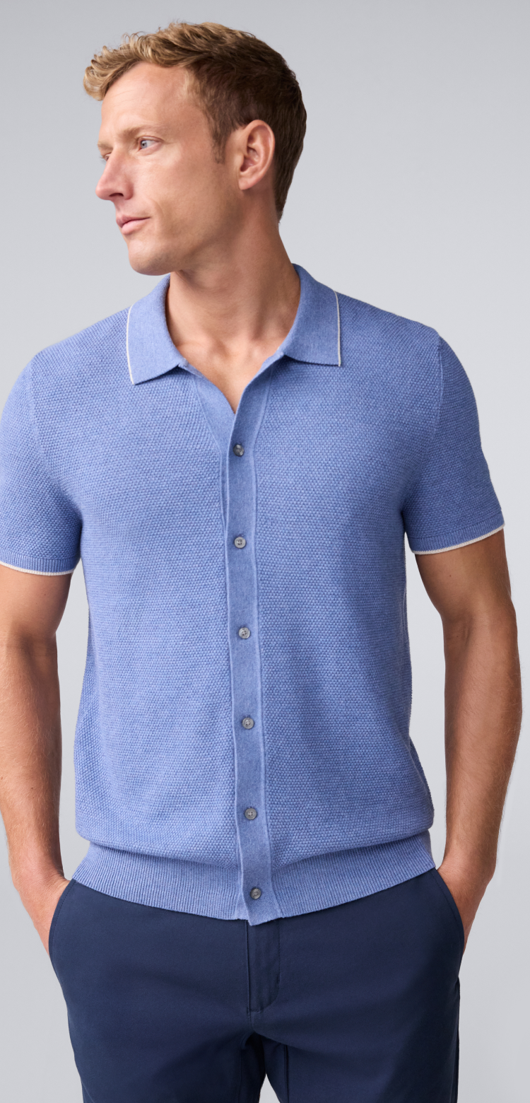 image of a man modeling a blue tech linen button up