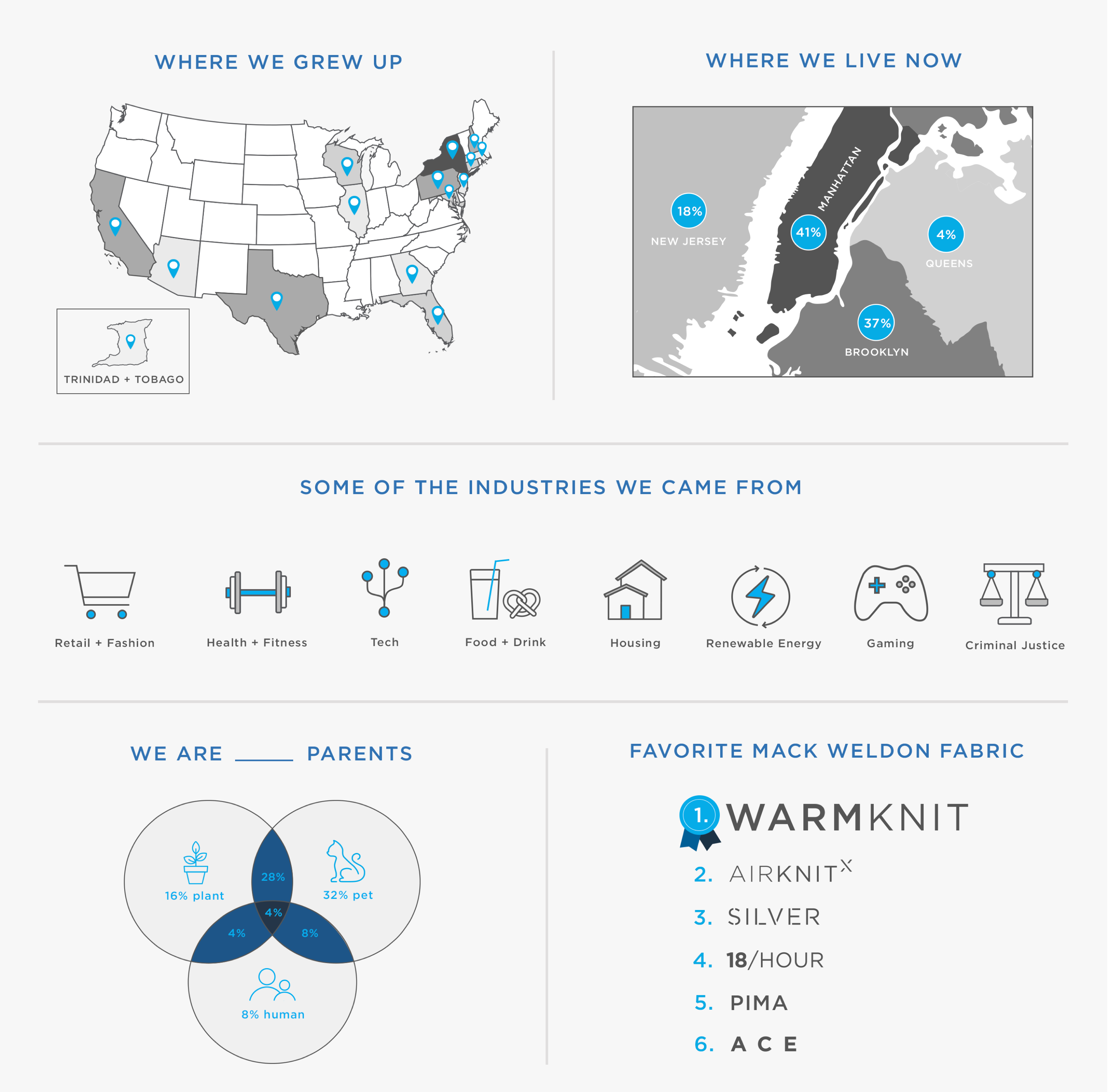 A graphic image displaying fun facts about Mack weldon including; "Where we Grew Up", "Where we live now", "Some of the industries we came from", "We are __ parents", and "Favorite Mack Weldon fabric".